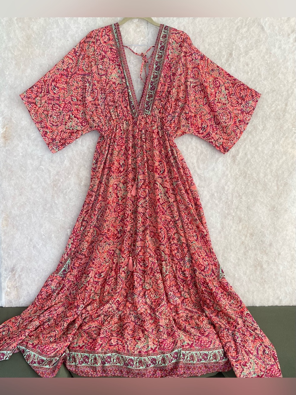 Pink paisley Maxi Dress With Batwing Sleeves(SKU721)